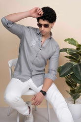 Reed Grey Pure Linen Shirt Embroidery